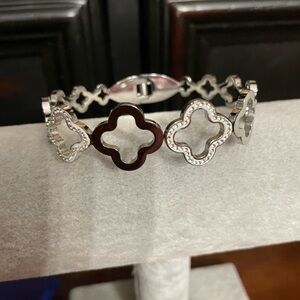 Silver crystal clover hinged bracelet new
